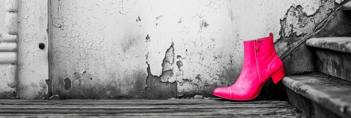A bright pink boot stands out against a monochrome background, creating a bold statement of style.