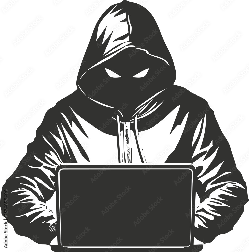 Poster silhouette of a hooded hacker using a laptop, symbolizing cybersecurity and online threats.