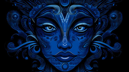 Psychedelic illustration of a blue navi face intertwined with mandala shamanic art generative ai. Shamanic Carving. Illustration