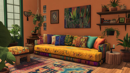 Modern and colorful interior of living room with design boucle sofa, mock up poster, shelf, plants, decorations and personal stuff. Home decor.