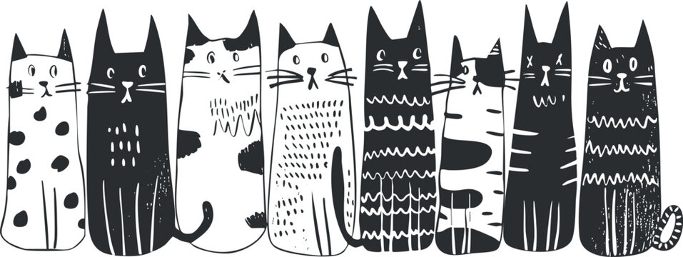 Illustration of whimsical black and white cats in a playful, minimalist cartoon style.