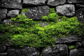 Lush green moss thrives on a dark, ancient stone wall, creating a vibrant contrast of textures and colors.