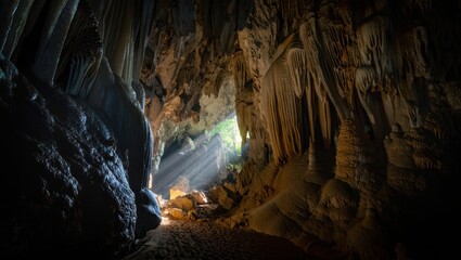 Inside a cavern, sunlight breaks through a narrow opening, illuminating the unique textures of stalactites and stalagmites. The sandy ground adds warmth to the cool, dark surroundings