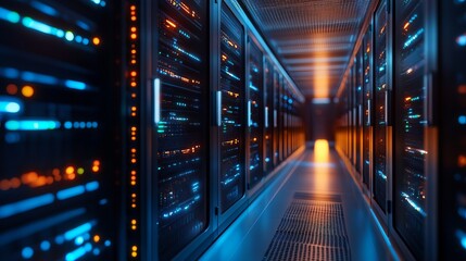 A long hallway filled with server racks with lights and a metal floor in a data center room