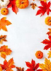 Fototapeta premium Autumn frame of colorful leaves and pumpkins decorating a white background