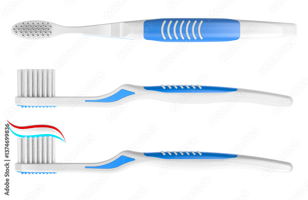 Poster toothbrushes with toothpaste and without. toothbrushes, front and side views. 3d rendering isolated 