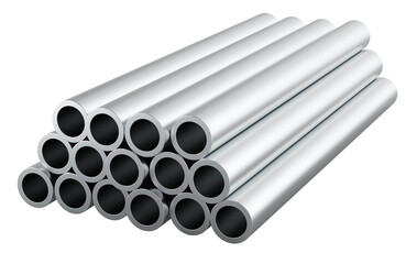 Steel pipes, stack of stainless, steel round pipes. 3D rendering isolated on transparent background