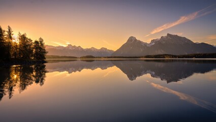 Fototapeta premium Golden light cascades over a calm lake, reflecting majestic mountains and vibrant trees at sunset. The tranquil scene captures nature's beauty and peaceful ambiance