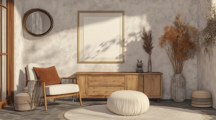 Creative composition of living room with mock up poster frame, stylish armchair, pouf, wooden commode, round pillow, sculpture, vase with dried flowers and personal accessories. Home decor. Template