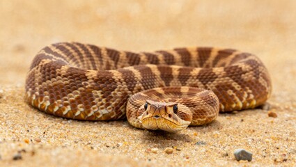 Obraz premium A patterned snake lies on sandy ground, showcasing its unique coloration and texture. The sunlight captures its intricate scales as it rests in its natural habitat