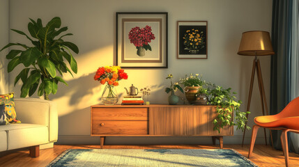 Cozy and stylish interior of living room with mock up poster frame, wooden console, flowers in vase, decorations and personal accessories. Modern home decor. Template.