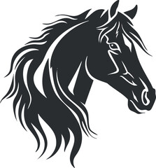 Fototapeta premium Stylized black silhouette of a horse head with flowing mane, emphasizing elegance and power.
