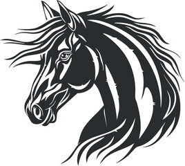 Fototapeta premium Stylized black and white horse illustration with flowing mane and detailed line work.