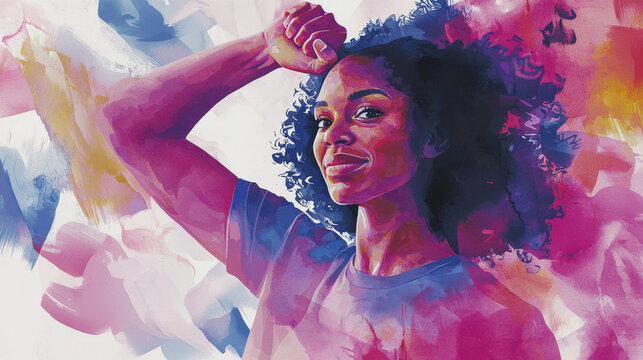 Watercolor proud African American woman flexing arm in strength gesture with colorful abstract background. Concept of women's empowerment, gender equality, feminist pride, social justice illustration