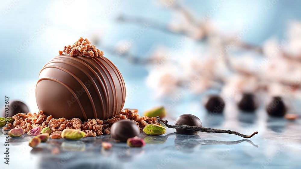 Poster a chocolate ball on a table surrounded by others, with a tree branch in the backdrop