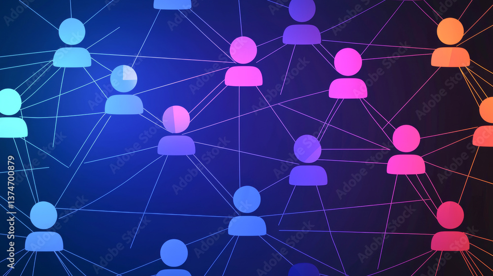 Poster abstract global social network connections with colorful interlinked profiles on dark background. co