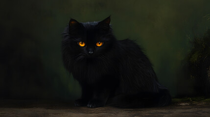 Elegant black cats with glowing yellow eyes sit calmly in various moody and mysterious settings. These striking portraits highlight their beauty and mystique.