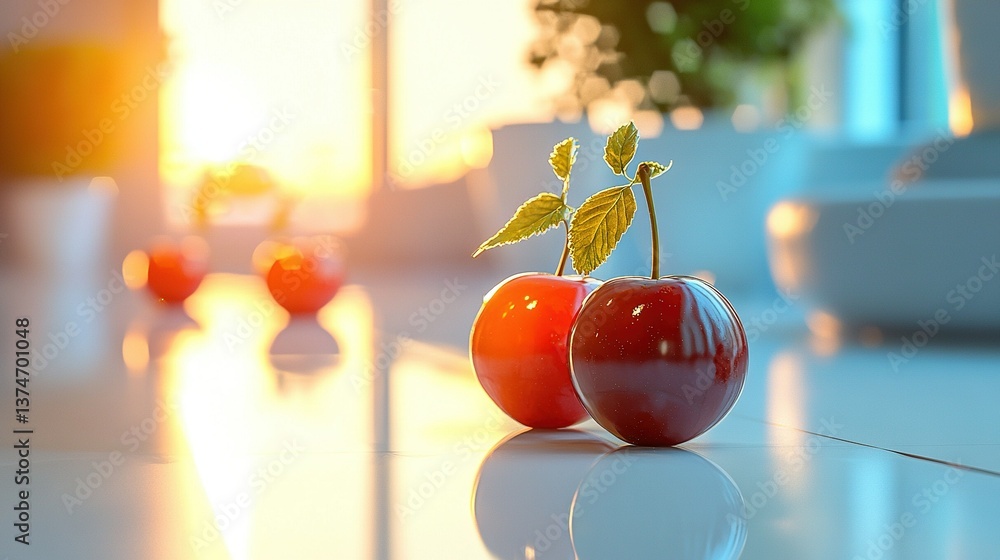 Poster two tomatoes from above, positioned on a table with a centralized plant between them