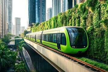 Naklejka premium Green public transport train moving in modern city with vertical garden wall