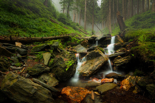 Vysoký vodopád. Beautiful misty waterfall after rain in Jeseníky mountains. Epic river, green forest, stones, rocks, flowers, leaves. Premium landscape from pure nature, Czech Republic