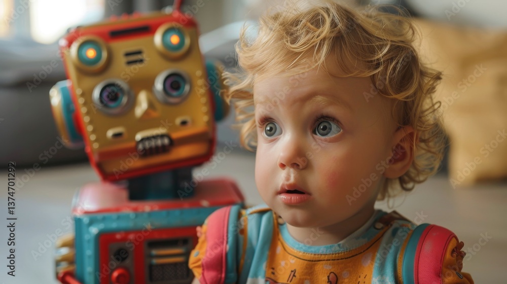Poster toddler expressing curiosity and surprise while playing with a colorful robot toy indoors