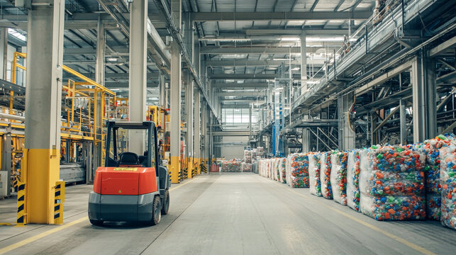 Large modern recycling factory interior with forklift and stacks of compressed plastic Waste in bags. Concept of waste management, industrial production, plastic recycling, sustainability - Powered by Adobe