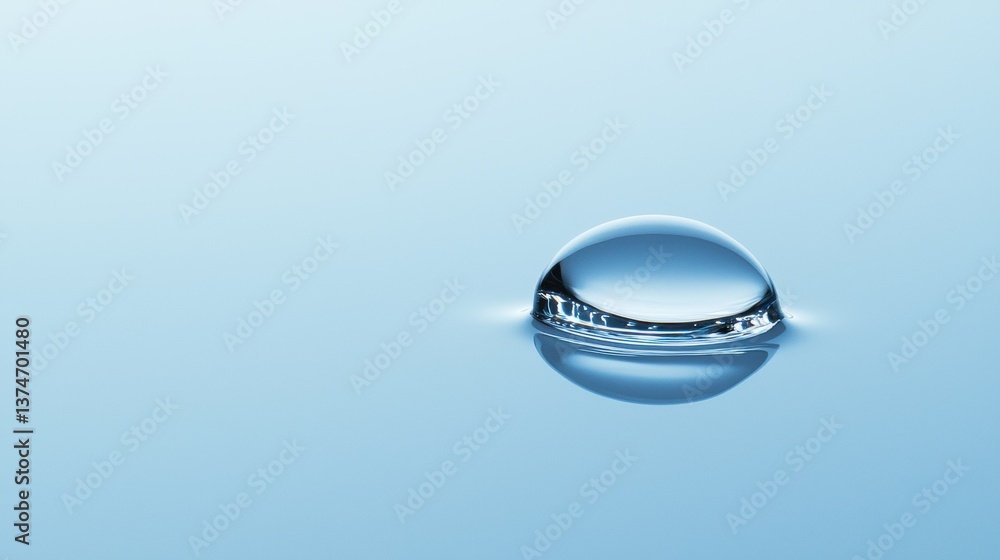 Poster close-up of a single drop of water on a light blue background. the drop is in the center of the imag