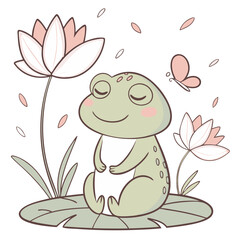 A cute frog sits cross-legged on a lush green lily pad, meditating peacefully among blooming lotus flowers and fluttering butterflies. The tranquil setting evokes calmness and joy