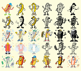 Cartoon Hot Dog Characters Collection Smiling Fast Food Mascot Set with Caps and Shoes