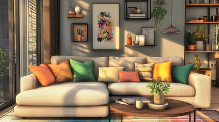 Sophisticated interior design featuring a comfortable beige sofa, colorful pillows, and a modern, minimalistic decor style
