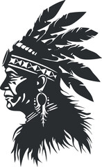 Fototapeta premium Silhouette of an indigenous person in profile wearing a feathered headdress, showcasing tribal art.