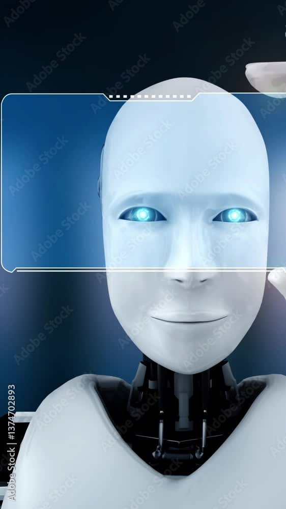 Poster robot hominoid hold hud hologram screen in concept of ai thinking brain, artificial intelligence and