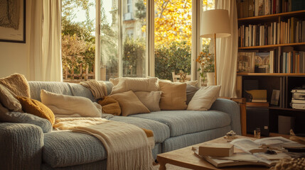 Fototapeta premium Scandinavian-inspired living room featuring a boucle sofa, soft textures, and a serene palette of blue and beige tones. 