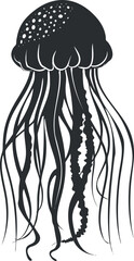 Black and white illustration of a jellyfish with long tentacles, showcasing marine wildlife.