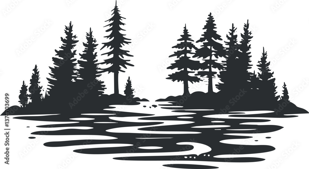 Poster silhouette illustration of a forest with pine trees and a lake reflection, creating a serene scene.