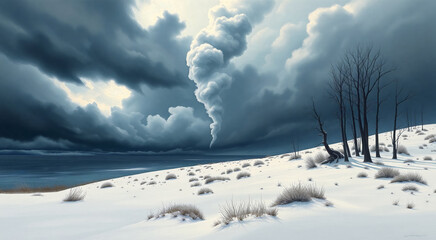 A dramatic winter landscape with a dark, stormy sky and a snowy hillside. The scene features bare trees and a frozen lake, creating a serene yet powerful atmosphere.