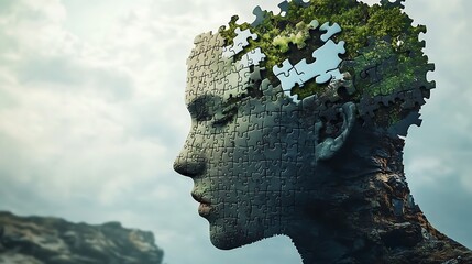 Human head merging with nature through puzzle pieces and foliage picture