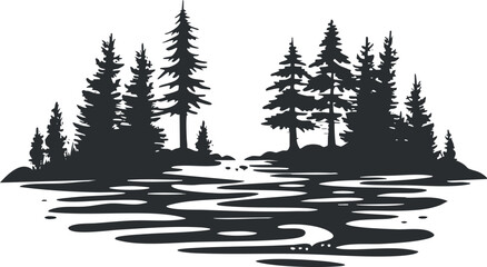 Silhouette illustration of a forest with pine trees and a lake reflection, creating a serene scene.