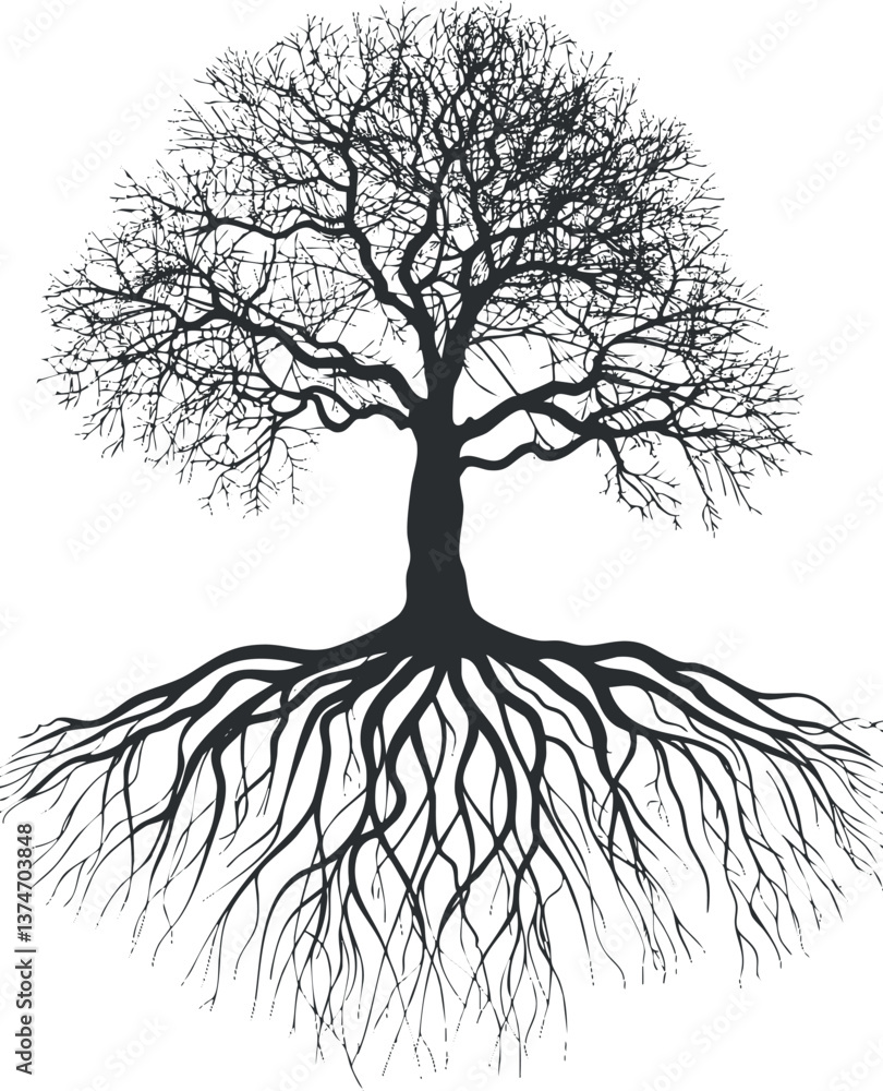 Poster silhouette of a tree with intricate branches and roots, showcasing nature's complex structure.
