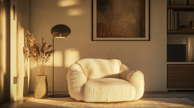  A sleek modern lounge area with a boucle armchair, a sculptural lamp, and delicate decorative accents, emphasizing a refined, neutral-toned space.