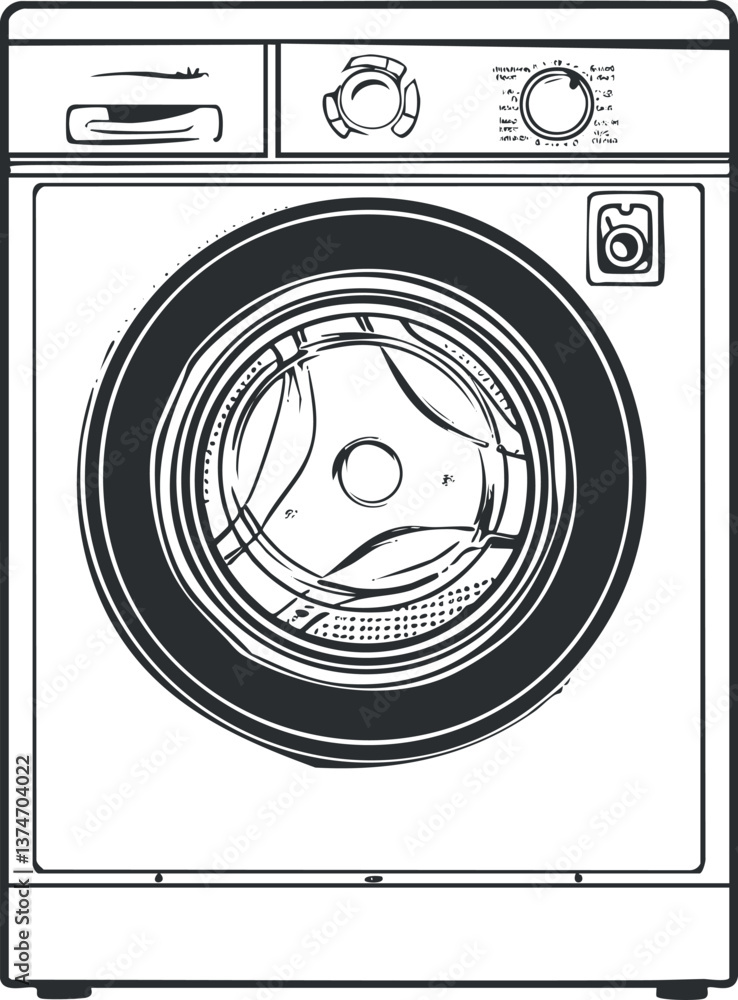Poster illustration of a front-load washing machine, highlighting its design and functionality for home use
