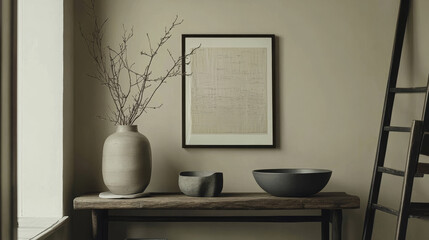 Interior design of warm living room interior with mock up poster frame, wooden consola, black ladder, gray bowl, beige wall, vase with branch and personal accessories. Home decor. Template.