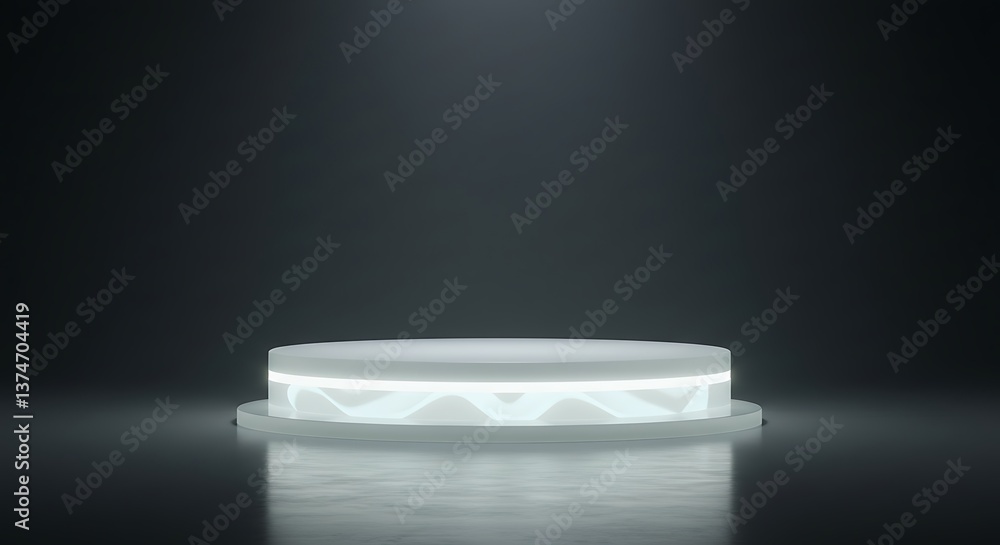 Poster illuminated product display podium with glowing waves and dark background