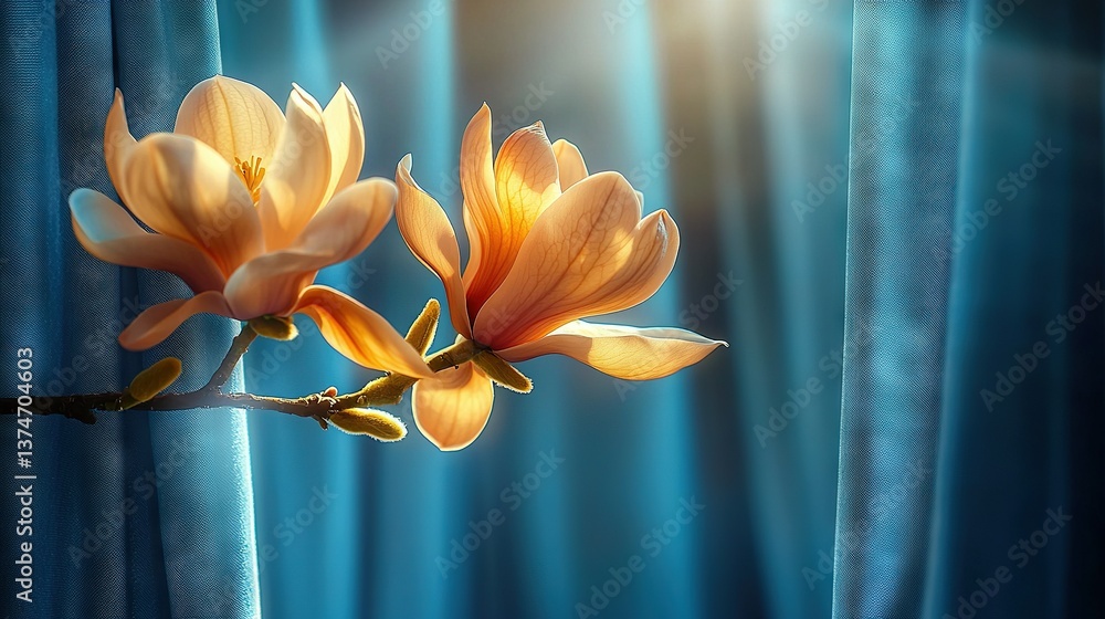 Poster close-up of flower on twig with blue curtain in background and sunlight filtering through
