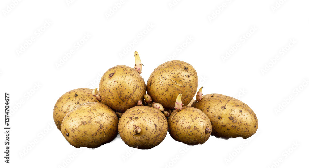 Poster a group of potatoes with sprouts on a black background in a studio shot close up and eye level view