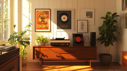 Stylish retro interior of living room with design  commode, vinyl recorder, tropical leaf and mock up posters frames on the white walls. Cozy room with brown wooden parquet and plants.