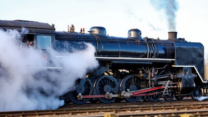 Naklejka premium A vintage steam locomotive is stationed at the railway platform, releasing thick clouds of smoke while the sun shines overhead. The scene captures the essence of classic transportation
