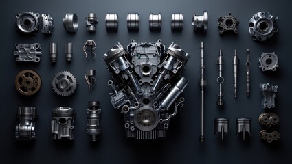 Fototapeta premium Various engine parts are meticulously arranged on a dark background. Each component highlights the precision of mechanical design typical of automotive engineering and manufacturing