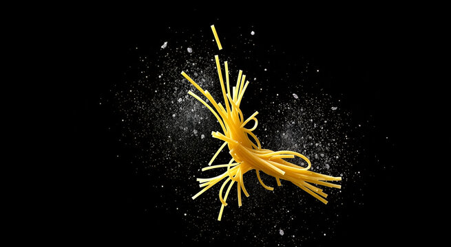 Close-up of bright yellow spaghetti thrown in the air against a dark background. Dynamic and vibrant food photography capturing the motion of pasta.