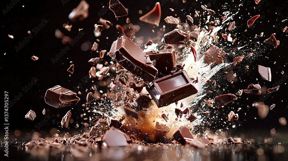 Poster a cluster of chocolate pieces falling from the sky with a splash landing on top and below